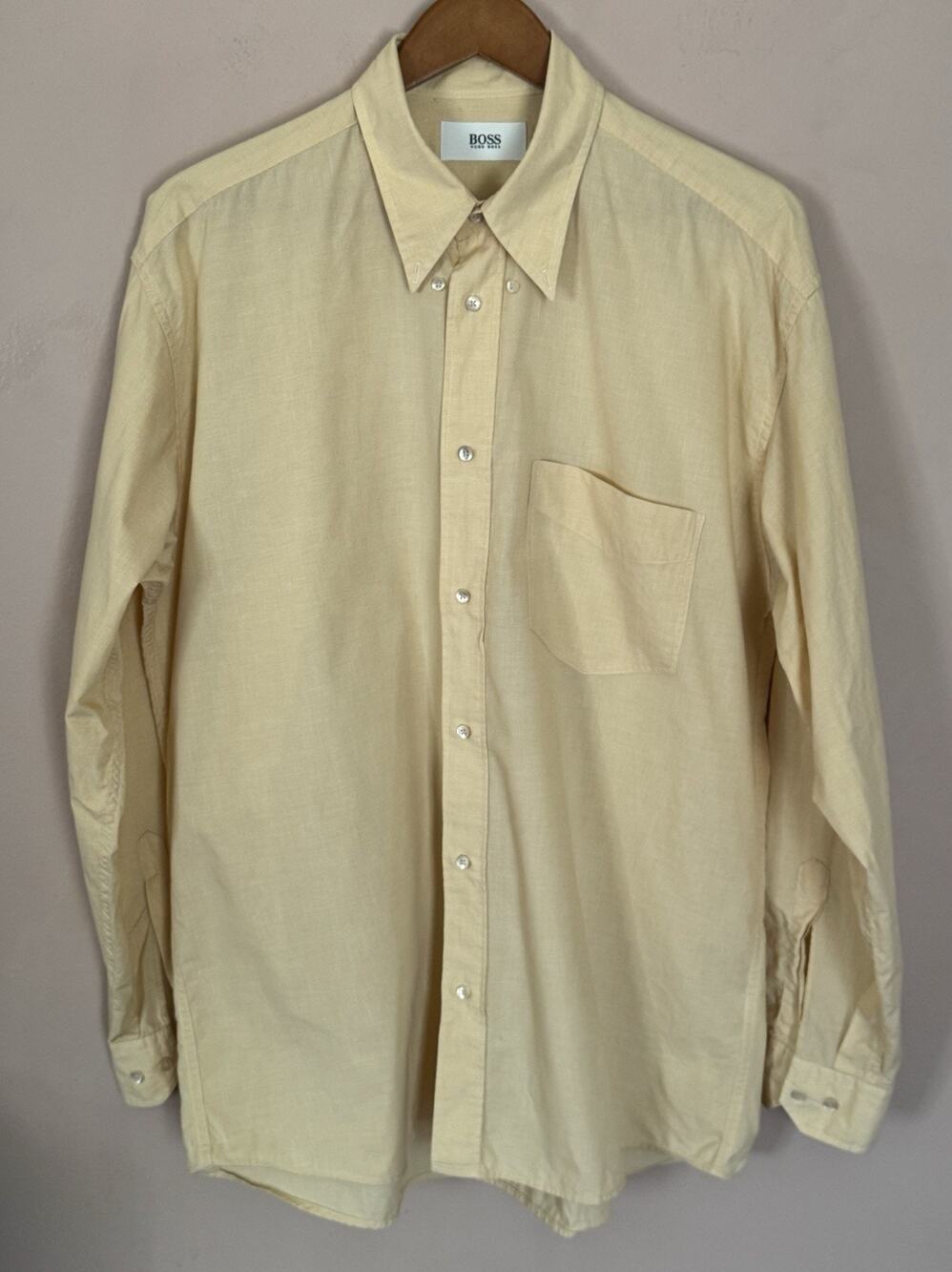 HUGO BOSS Men's Long Sleeve Button Down Yellow Shirt 100% Cotton Large